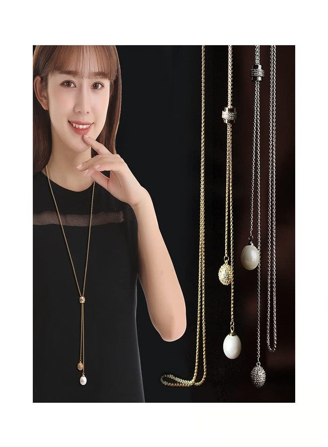eartif Pearl Pendant Long Necklace for Women Sweater Chain Statement Necklace Choker Adjustable Elegant Jewelry Crystal Accessories Dressy Collocation Winter Evening Party Wedding (Gold, Adjustable) - Image 2